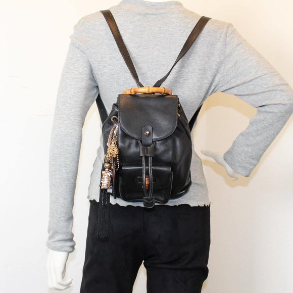GUCCI #40005 Black Leather Backpack with Bamboo Handle main image 4